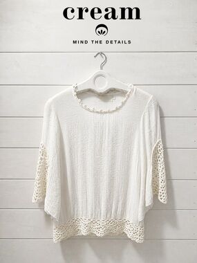 CREAM Crochet-Trim Boho Blouse – Off-White – Size  34
